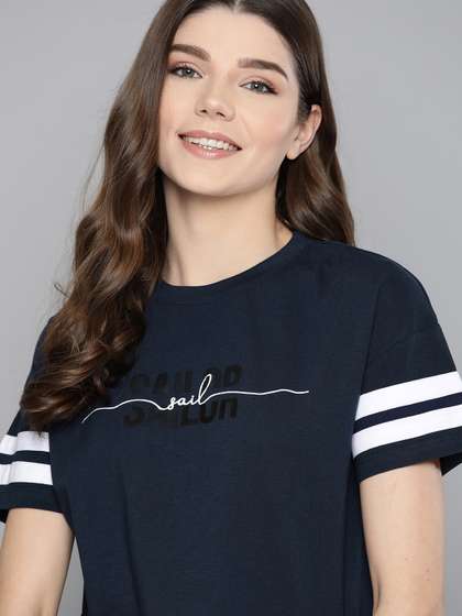 Mast & Harbour
                      Women Navy Pure Cotton Relaxed Fit Printed Round
                      Neck Pure Cotton T-shirt