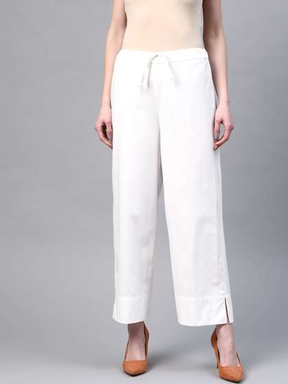 Laado - Pamper Yourself Women White Solid Cotton Handloom Wide Leg Palazzos