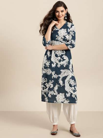 Sangria Women Navy Blue & White Cotton Printed Kurta with Salwar