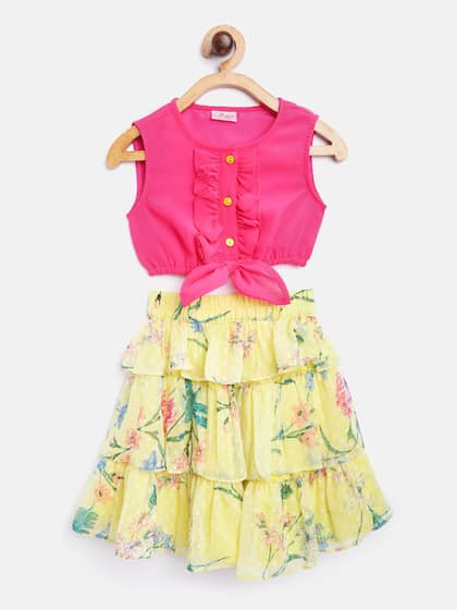 pspeaches Girls Pink & Yellow Solid Blouson Ruffled Top with Tiered Skirt
