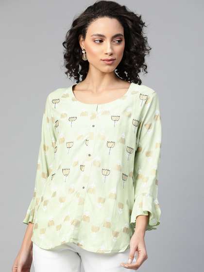 HIGHLIGHT FASHION EXPORT Green & Golden Foil Printed Bell Sleeves Top