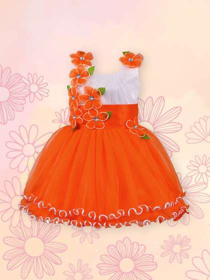 Wish Karo Girls Orange
                    & White Colorblocked Fit and Flare Dress