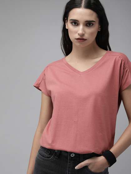 The Roadster
                        Lifestyle Co Women Peach-Coloured Solid V-Neck
                        Pure Cotton T-shirt