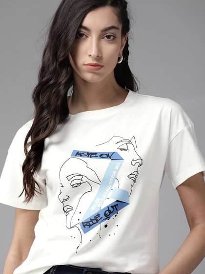 The Roadster
                        Lifestyle Co Women White Relaxed Fit Printed
                        Round Neck Pure Cotton T-shirt