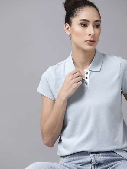 The Roadster
                          Lifestyle Co Women Blue Solid Cotton Polo
                          Collar T-shirt