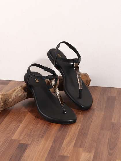 Mochi Women Black
                        Embellished T-Strap Flats Sandals