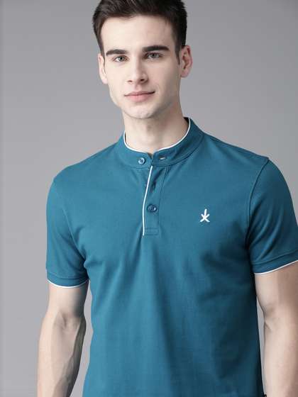 Roadster The Lifestyle Co Men Blue Pure Cotton Solid Henley Neck T-shirt