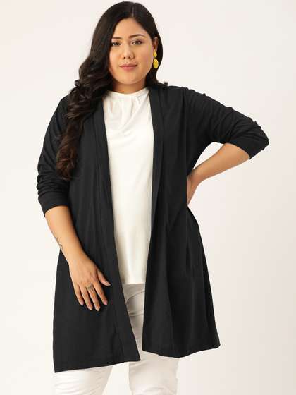 Rute Women Plus Size
                      Black Cotton Solid Longline Open Front Shrug