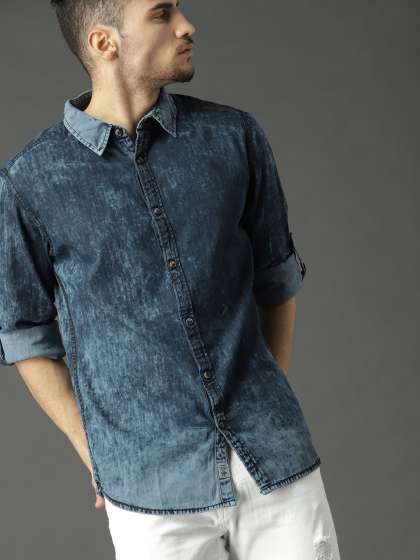 New Mens Denim Shirts Long Sleeve Western Stylish Black Dark Blue Light Blue