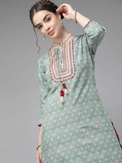 Varanga Teal Blue Ethnic Motif Yoke Embroidered Print Kurta