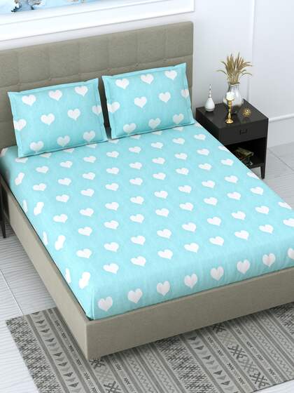 DREAM WEAVERZ Sea Green & White Graphic 300 TC Cotton 1 King Bedsheet with 2 Pillow Covers