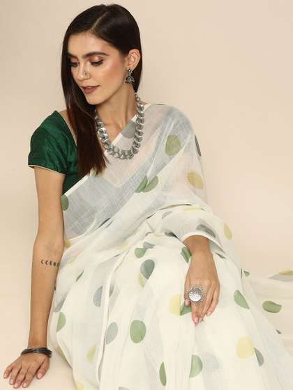 Anouk Off-White
                        & Green Linen Blend Printed Bhagalpuri
                        Saree