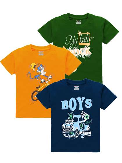 Kiddeo Boys Pack Of 3
                      Printed Round Neck Pure Cotton T-shirts