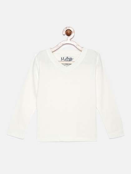 METRO KIDS COMPANY Boys White Solid Pure Cotton V-Neck T-shirt