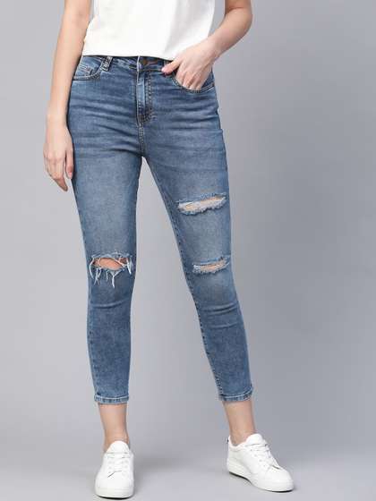 Mast & Harbour
                          Women Blue Skinny High-Rise Distressed Light
                          Fade Crop Stretchable Jeans