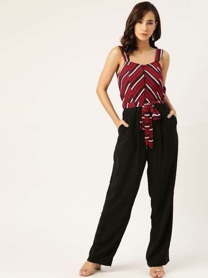 Antheaa Maroon &
                        Black Striped Basic Jumpsuit