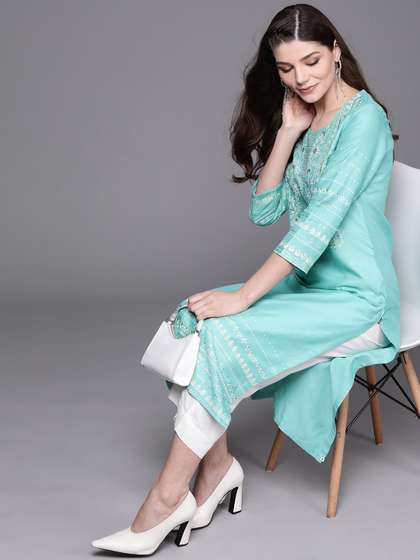 Biba Women Blue
                        & White Printed Kurta with Crop Palazzos