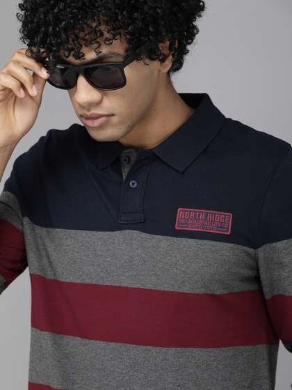 Roadster Men Navy Blue Red Striped Pure Cotton Polo Collar Applique Pure Cotton T-shirt