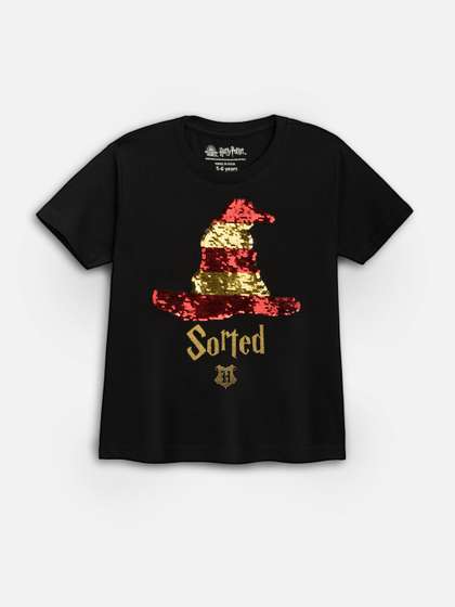 Nap Chief Kids Unisex Reversible Black Harry Potter Sequinned Round Neck Cotton T-shirt