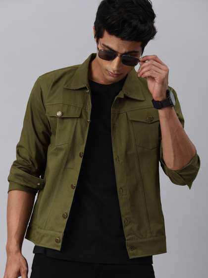 VOXATI Men Olive
                        Green Solid Denim Jacket