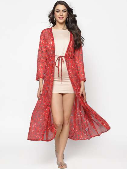 Sera Women Red &
                        Teal Floral Printed Tie-Up Shrug