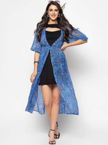 Sera Women Blue
                        & Black Printed Tie-Up Shrug