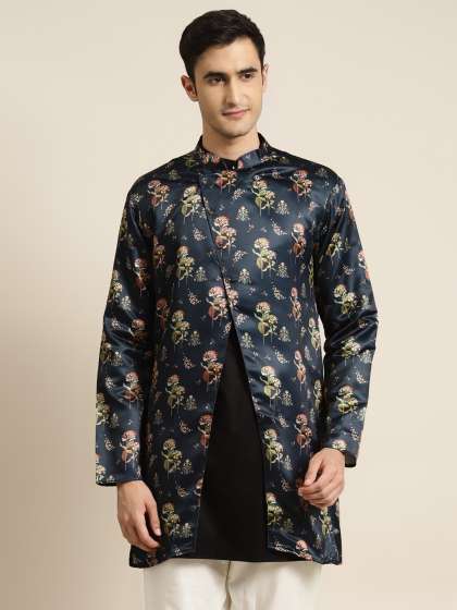 Price History of SOJANYA Men Navy Blue Green Printed Asymmetric Closure Longline Ethnic Tailored Jacket from Myntra 111 7784928