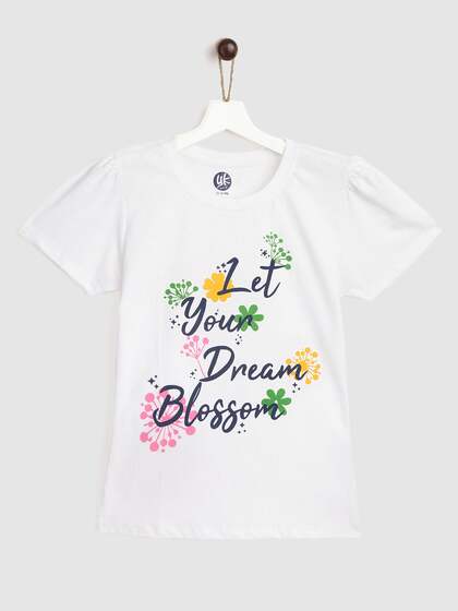 YK Girls White & Navy Blue Cotton Typography Printed Puff Sleeves T-shirt