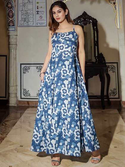 Divena Women Blue
                        & White Pure Cotton Floral Print Maxi Dress