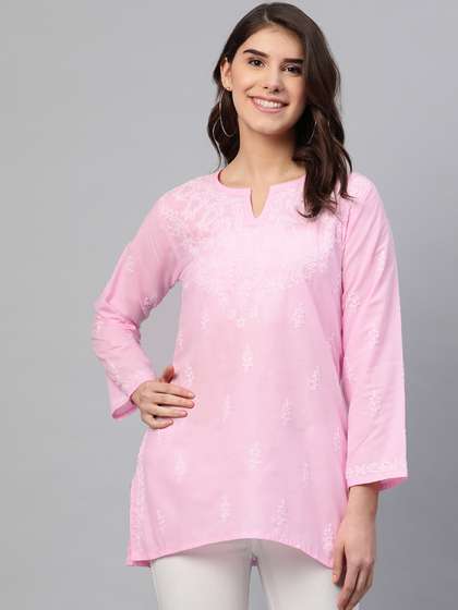 ADA Pink & White Ethnic Motifs Hand Embroidered Chikankari Pure Cotton Handloom Kurti