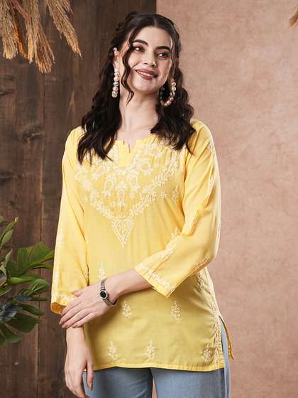 ADA Yellow & White Ethnic Motifs Hand Embroidered Chikankari Pure Cotton Kurti
