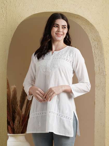 ADA Women Plus Size White Chikankari Embroidered Pure Cotton Kurti