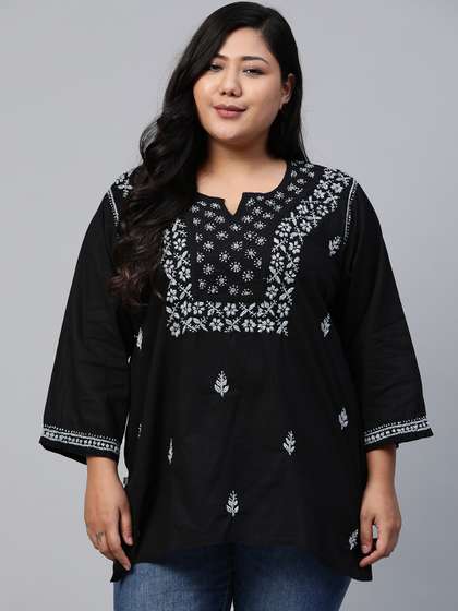 ADA Women Plus Size Black & Grey Chikankari Hand Embroidered Straight Kurti