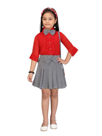 Aarika Girls Red & Black Solid Shirt with Skirt