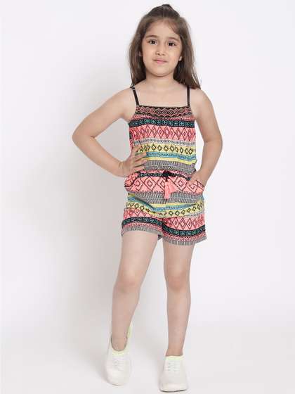 Nauti Nati Girls Pink
                    & Black Printed Playsuit