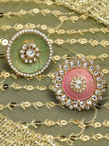 Zaveri Pearls Set Of
                        2 Gold-Plated Kundan & Beaded Meenakari
                        Adjustable Finger Rings