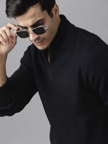 Roadster Men Navy
                        Blue Self-Striped Pullover