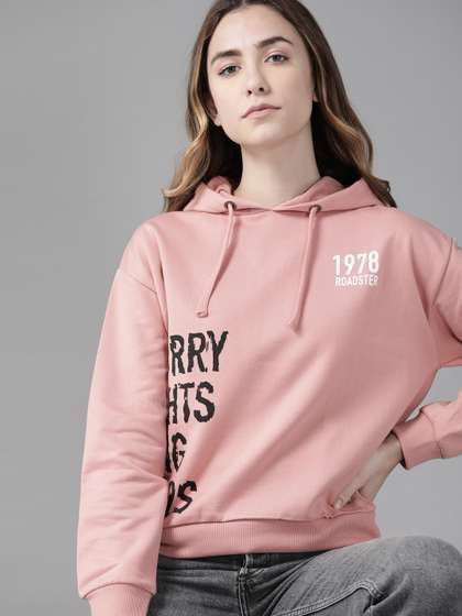 Roadster Women Pink
                        & Black Printed Hooded Sweatshirt