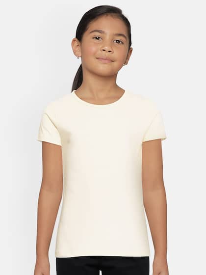HERE&NOW Girls Off-White Solid Pure Cotton T-shirt