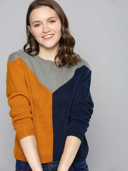 Mast & Harbour
                          Women Mustard & Navy Blue Colourblocked
                          Pullover