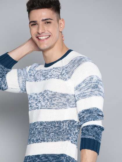 Mast & Harbour
                        Men White & Teal Blue Striped Pullover