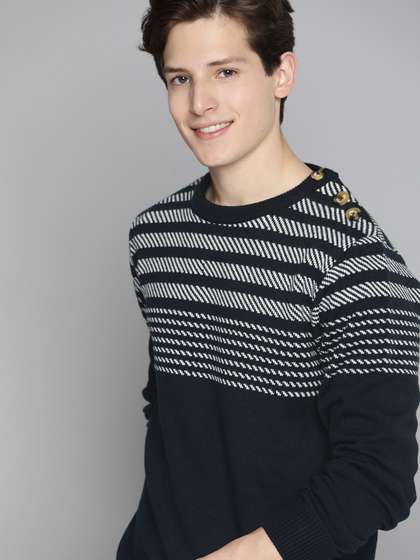 Mast & Harbour Men Navy Blue & White Striped Pullover
