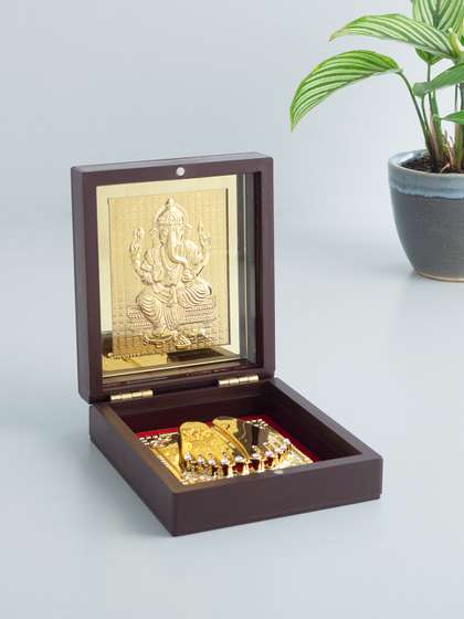 Golden Peacock Ganesha Charan Paduka Antique Pooja Box for Home Decor & Spiritual Gifting