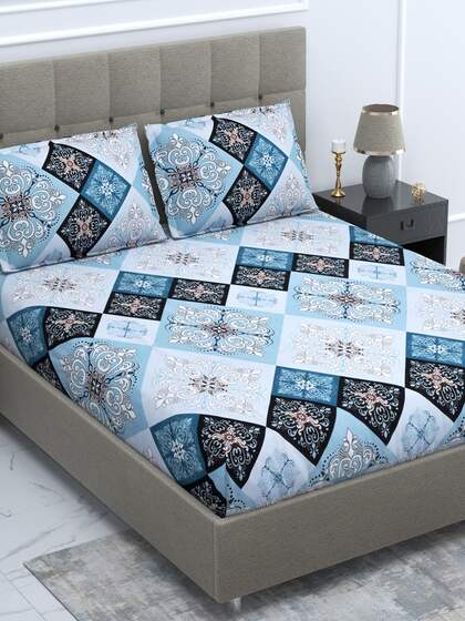 DREAM WEAVERZ Blue & Black Ethnic Motifs 250 TC Cotton 1 King Bedsheet with 2 Pillow Covers