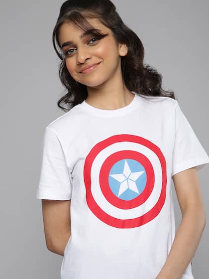 Kook N Keech Marvel Teens Girls White Captain America Printed Pure Cotton T-shirt