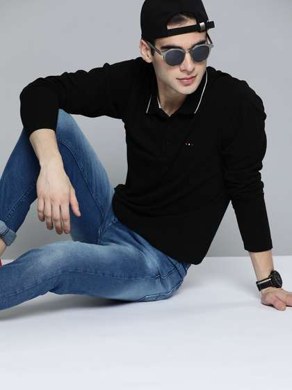Harvard Men Black Polo Collar Monochrome T-shirt