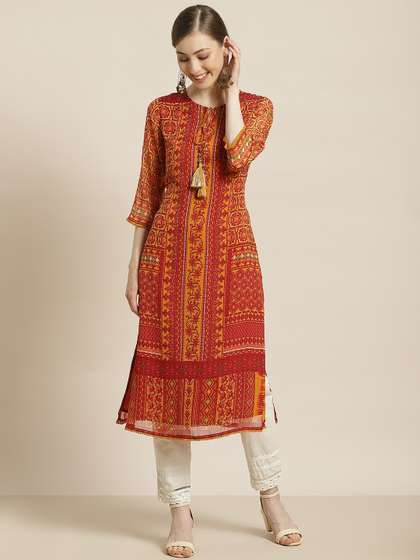 Juniper Women Red
                          & Mustard Yellow Ethnic Motifs Printed
                          Kurta