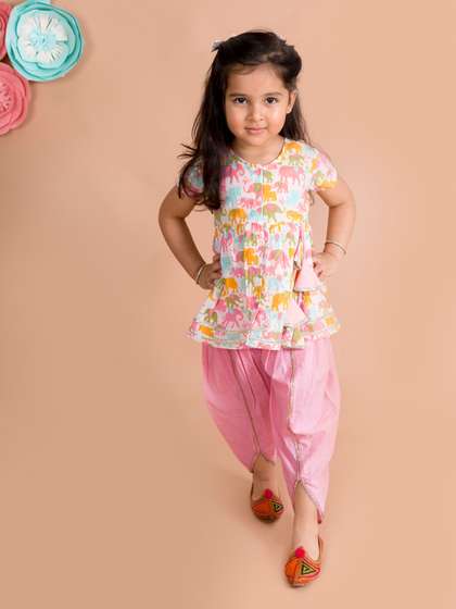 Pspeaches Girls White
                    And Pink Animal Print Cotton Kurti Dhoti Pants