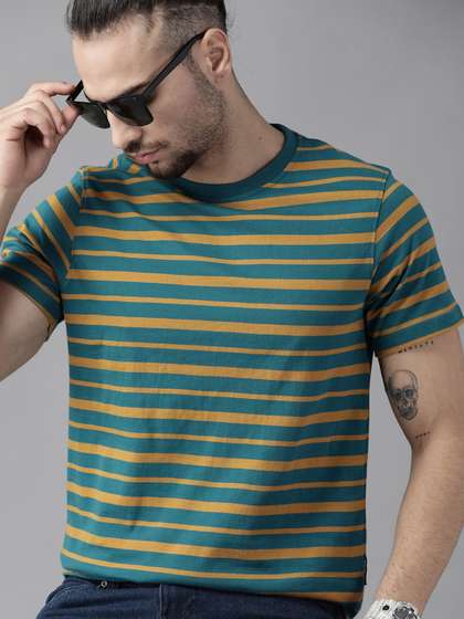 Roadster Men Blue
                          & Mustard Yellow Cotton Striped T-shirt