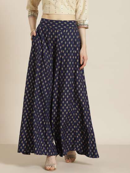 Juniper Women Navy Blue & Golden Ethnic Motifs Printed Flared Palazzos